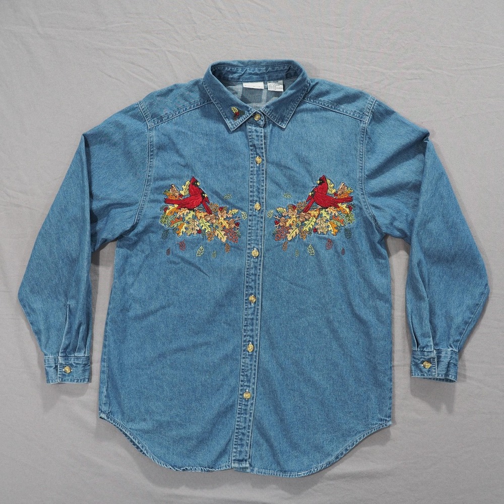 Bobbie Brooks Shirt Womens Medium Denim Embroidered Cardinal Bird Leaves Fall